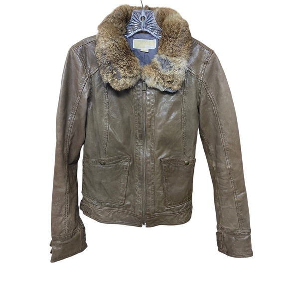 Michael Kors leather coat with rabbot collar medium - Picture 1 of 9
